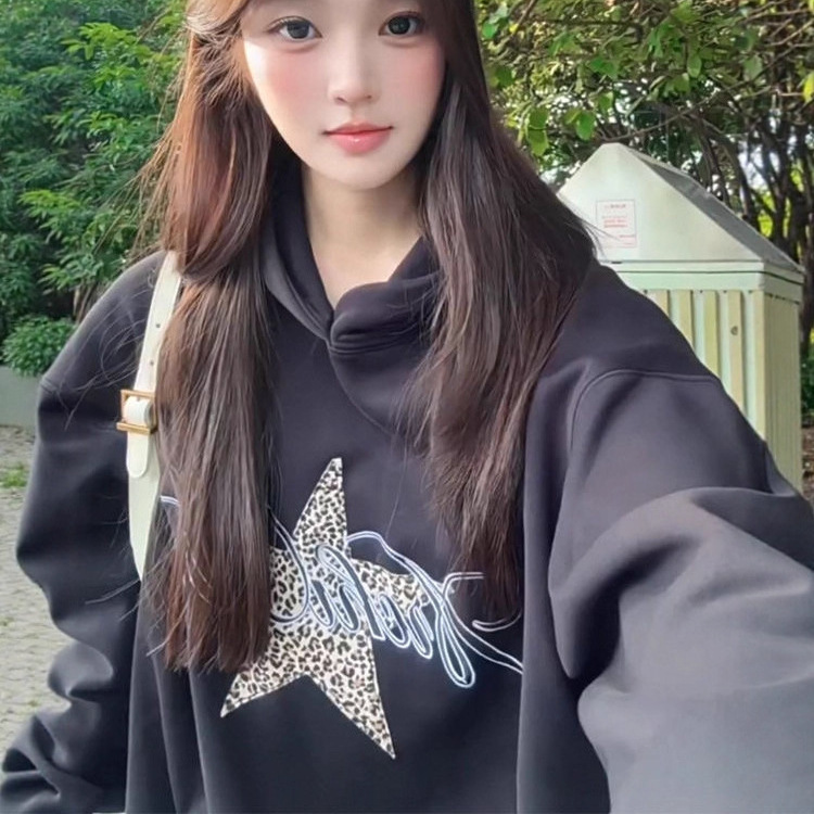 美式豹纹星星印花连帽卫衣女秋季新款宽松复古学院风灰色长袖上衣|undefined