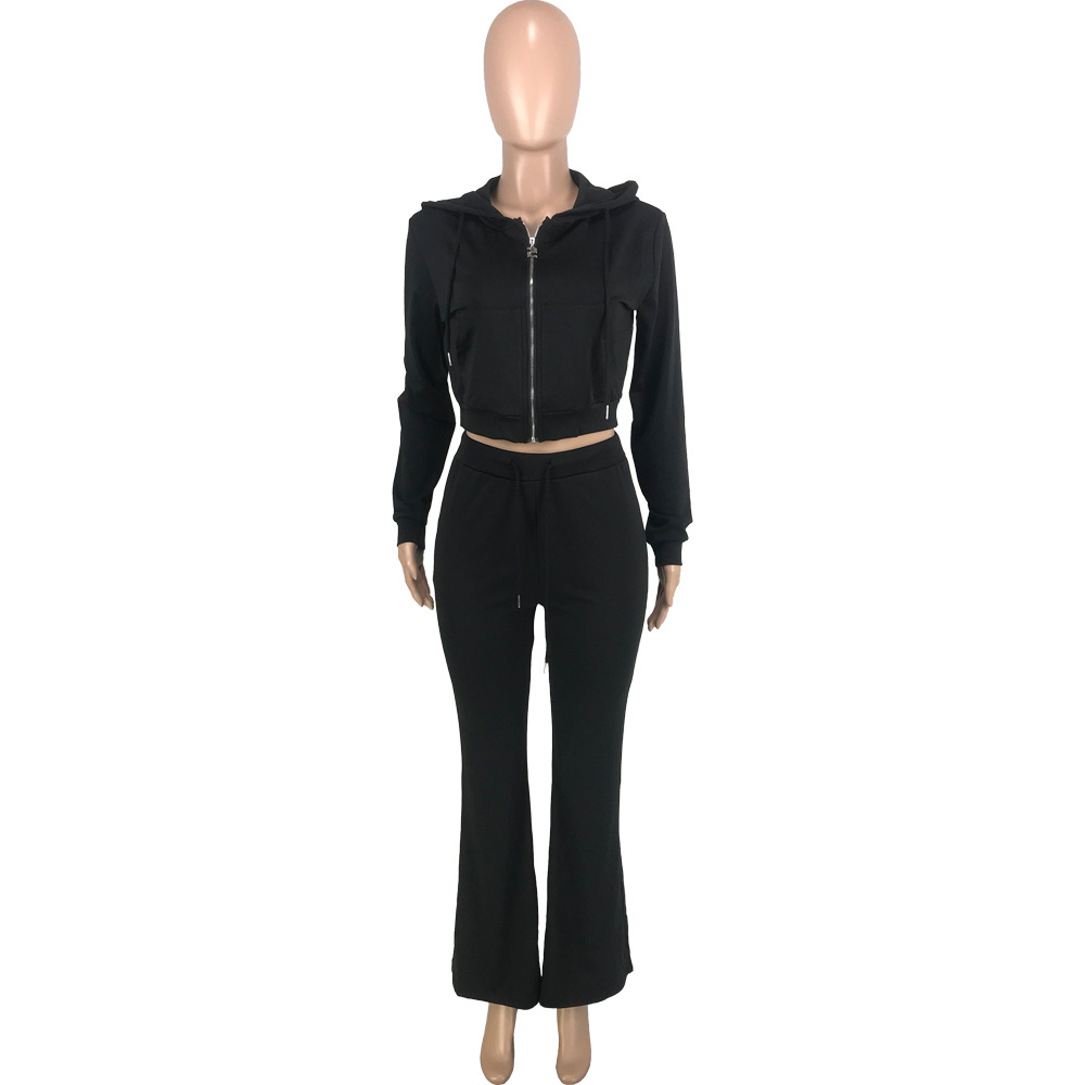 Vêtements pour femmes mode féminine couleur unie poche fermeture éclair capuche cravate veste décontractée pantalon évasé costume deux pièces_voghion.com