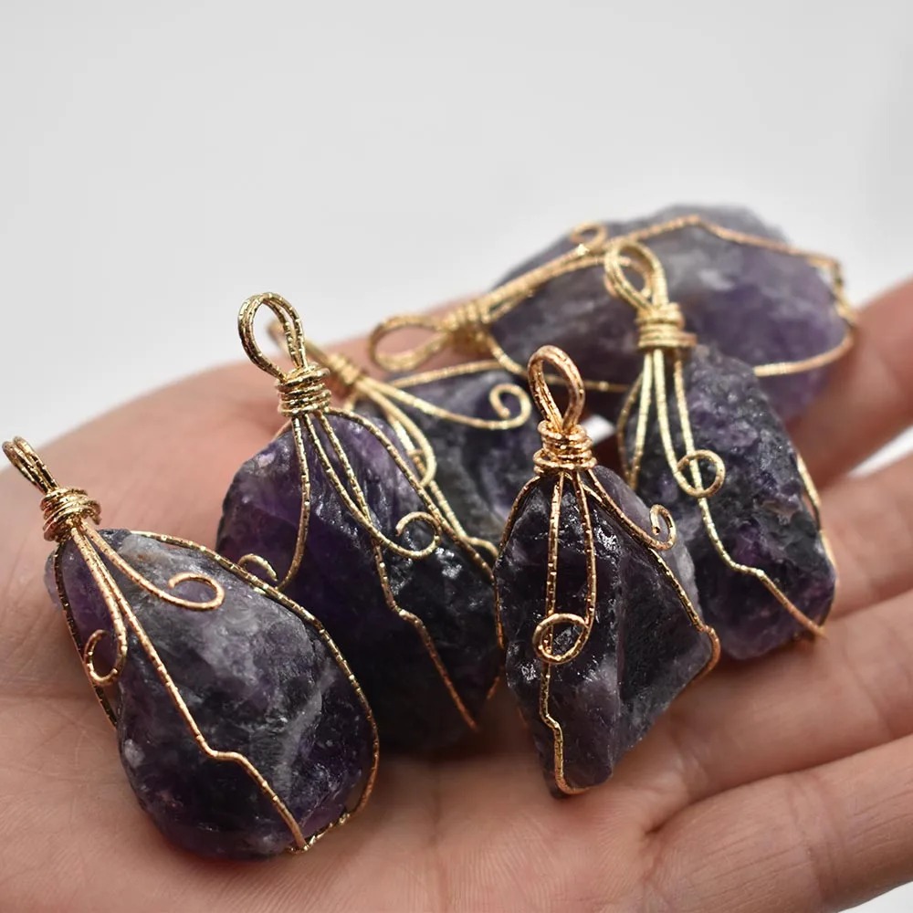 Collier Pendentif Pierre Naturelle Irrégulière Fil Métallique_voghion.com