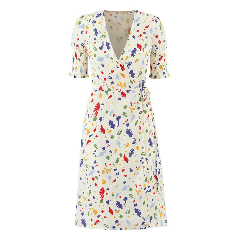 French-Style Ins-Inspired Waist-Cinching Tie V-Neck Slit Wrap Dress with Elastic Sleeves for Women, 2026 Spring New Elegant Model French-Style Ins-Inspired Waist-Cinching Tie V-Neck Slit Wrap Dress with Elastic Sleeves for Women, 2026 Spring New Elegant Model