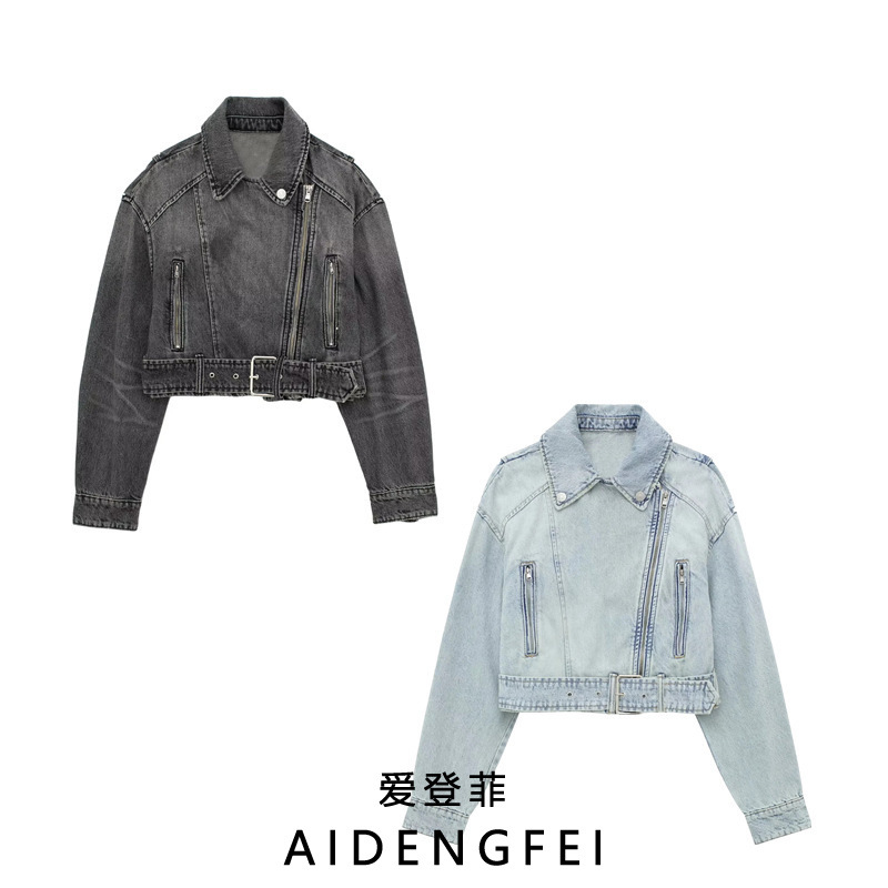 European and American Summer New Hem Trip Belt Decorative Biker Laps Denim Jacket Coat Women 8197280