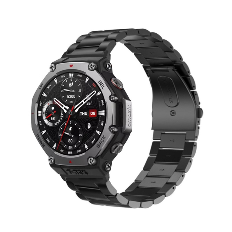 Suitable for Huami Amazfit T-Rex3 Double Snap Three-Bead Solid Stainless Steel Watch Strap (with Metal Connector) Suitable for Huami Amazfit T-Rex3 Double Snap Three-Bead Solid Stainless Steel Watch Strap (with Metal Connector)