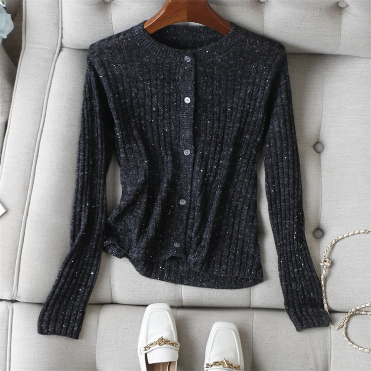 Hong Kong and American Fashion/Low-Key Charcoal Black Knitted Cardigan with Small Sequins, Ribbed Elastic Round Neck, Long Sleeves, Slim-Fit Design