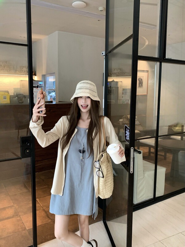 韩系松驰感宽松长袖开衫小个子背心连衣裙女2025秋季新款时尚套装|undefined