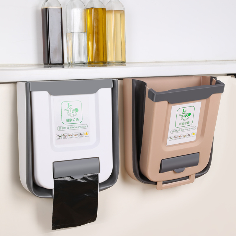Cocina plegable colgante de pared bote de basura hogar gabinete puerta colgante de almacenamiento de coche cesta de papel clasificación creativa bote de basura