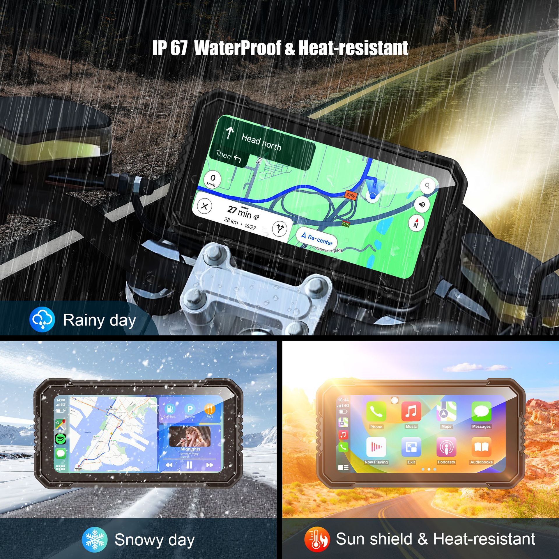 7inch Motorcycle Dashcam with Front and Rear Dual Lenses, High-Definition Carplay Motorcycle Navigation Recorder