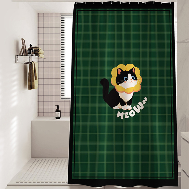 British Kitten Plaid Retro Shower Curtain Waterproof and Mildew-Proof Set Punch-Free Bathroom Toilet Partition Plaid