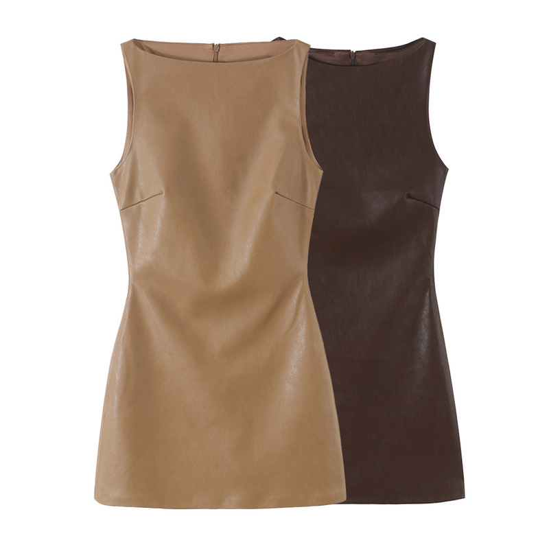 Amazon Wholesale New Summer Women's One-Shoulder Sleeveless Leather Effect Mini Dress 4764201