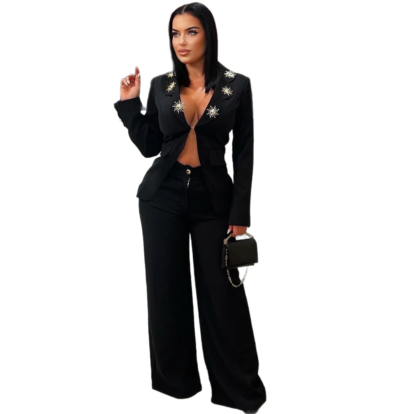 Completo elegante donna con blazer a revers a contrasto e pantaloni_voghion.com