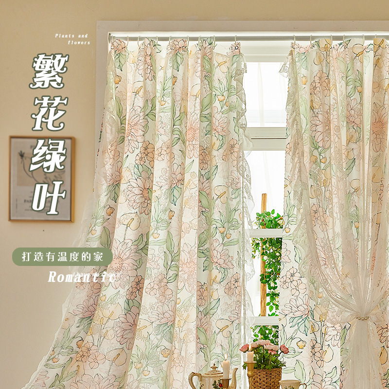 フランスの花柄カーテン、遮光、パンチングなしの取り付け、賃貸住宅の改修、寝室の出窓、2025年の新しいスタイル|undefined