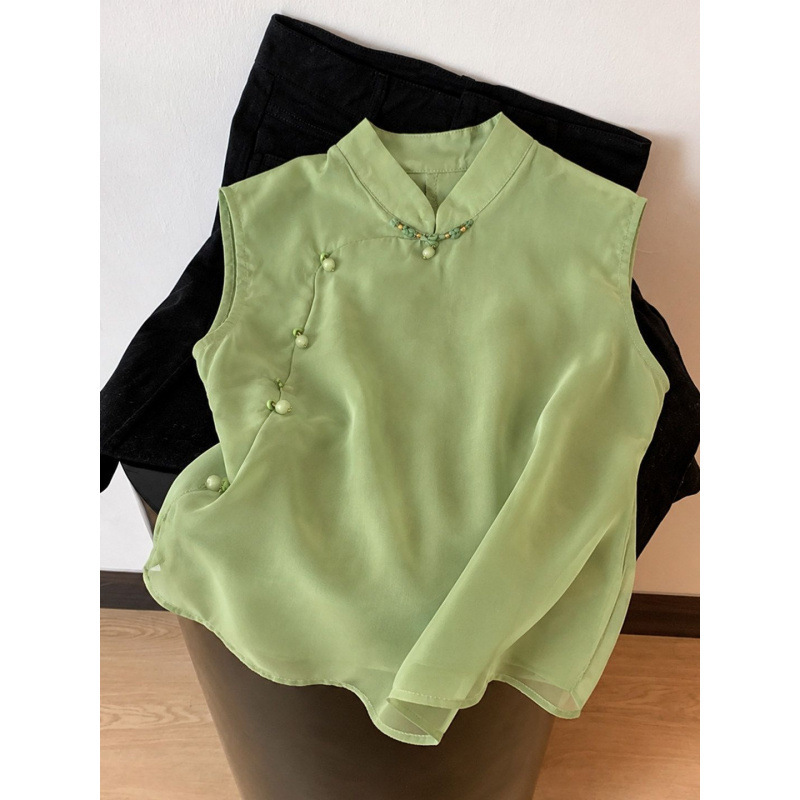 New Chinese-style green stand-collar sleeveless shirt for women, summer 2026 new model, slimming and elegant top New Chinese-style green stand-collar sleeveless shirt for women, summer 2026 new model, slimming and elegant top