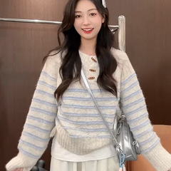 复古慵懒风条纹软糯针织衫毛衣女秋冬2025新款减龄百搭圆领上衣潮