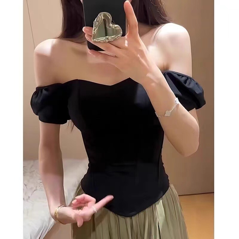 French Style Off-shoulder Short-sleeved Shirt Women's Summer plus size Slim-fit Slimming Design Fishbone Top French Style Off-shoulder Short-sleeved Shirt Women's Summer plus size Slim-fit Slimming Design Fishbone Top