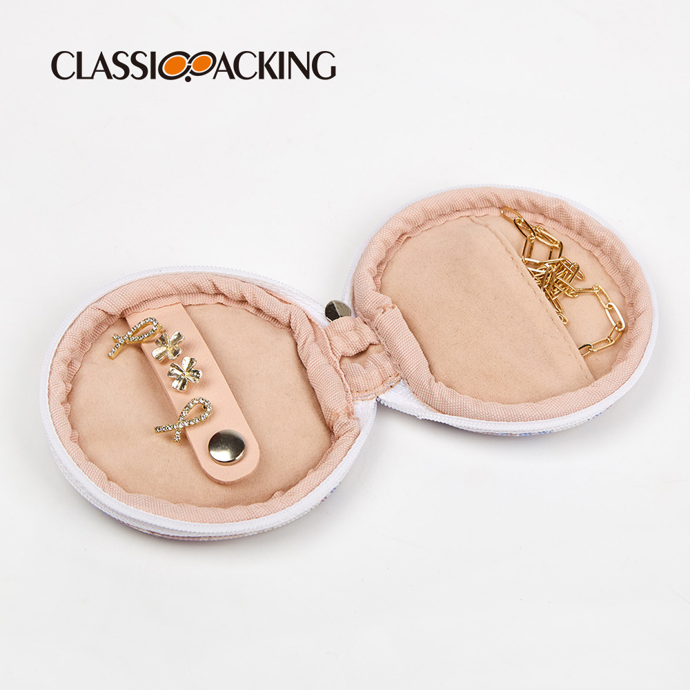 Bolso de joyería de lujo ligero para mujer al por mayor, anillo de cremallera redonda, collar, aretes, bolsa de almacenamiento, logotipo imprimible