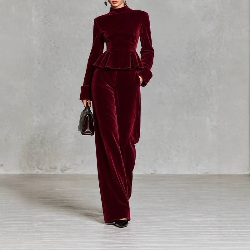 2026 European and American cross-border autumn/winter new collection: ruffled, high-neck, long-sleeved velvet top and loose, wide-leg pants set 2026 European and American cross-border autumn/winter new collection: ruffled, high-neck, long-sleeved velvet top and loose, wide-leg pants set