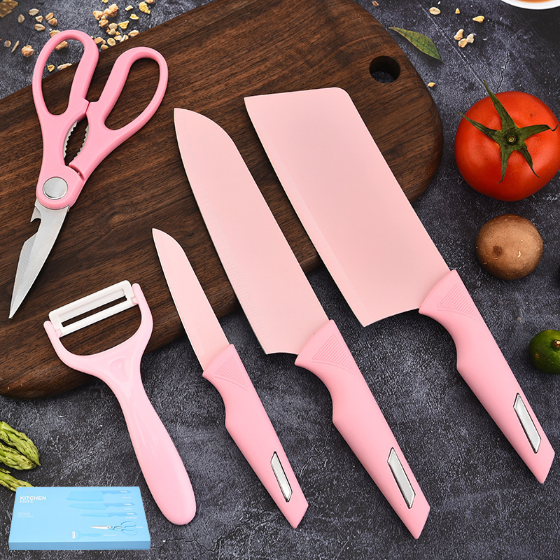 Venta caliente Internet celebridad Rosa chica corazón hogar Cocina de acero inoxidable pintura en aerosol mango de acero de cinco piezas cuchillo caja de regalo embalaje