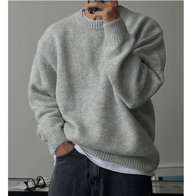 American-Style Thickened Warm Soft Knitted Sweater for Men, Autumn and Winter Inner Wear, Lazy Base Sweater, Loose Round Neck Knitwear