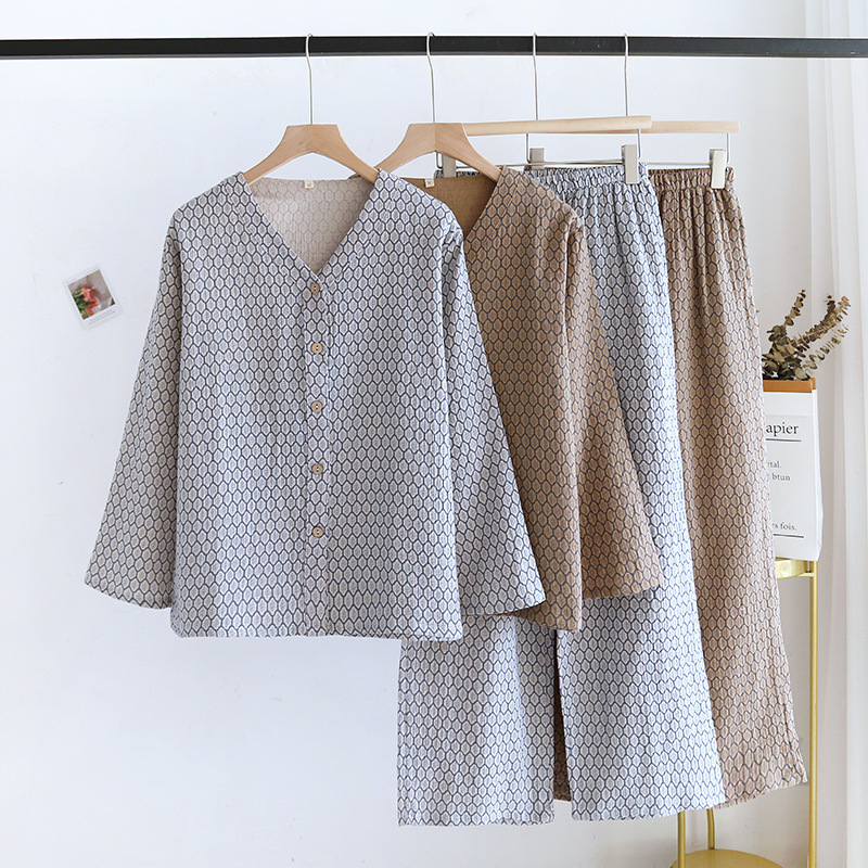Plain Color Women's Spring and Autumn summer thin pure cotton crepe pajamas V-neck loose long sleeve trousers home wear suit outer wear