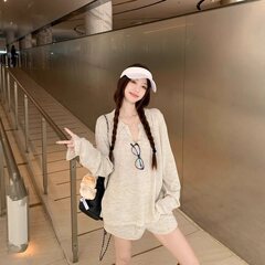 实拍~老钱风凉感亚麻宽松轻薄polo衫T恤上衣宽松/针织短裤套装女