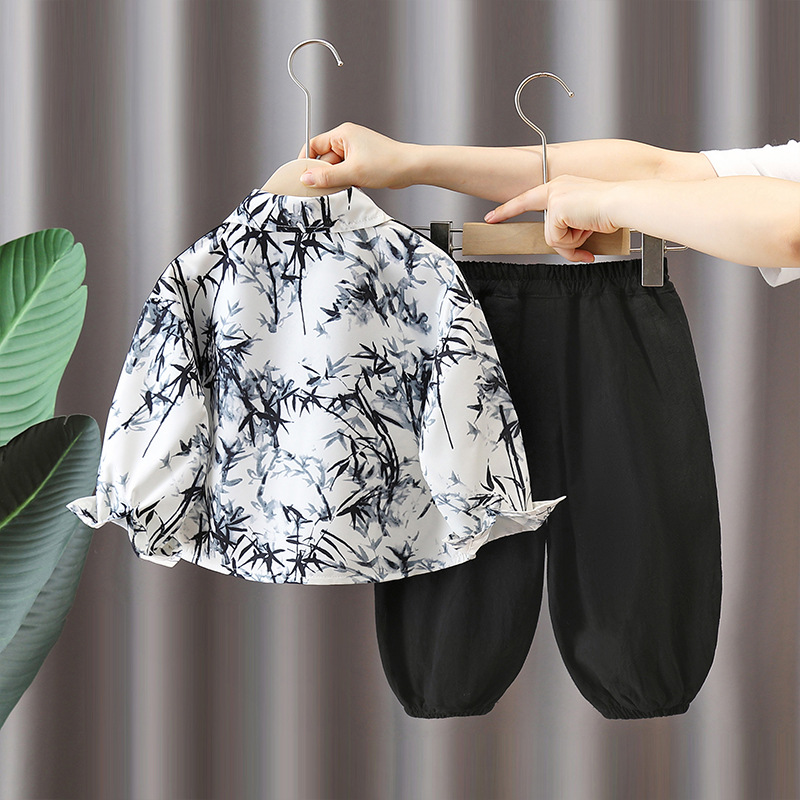5874 Traje chino nuevo para niños 2024 Camisa de bebé Hanfu de manga larga para niños de primavera y otoño de nuevo estilo Traje de dos piezas