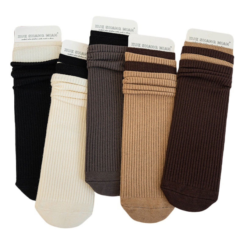 Luo Kou calcetines de pila de color sólido rayas verticales cálido a media pantorrilla lote de fábrica calcetines de Cachemira de otoño e invierno para mujer calcetines de media pantorrilla image 1