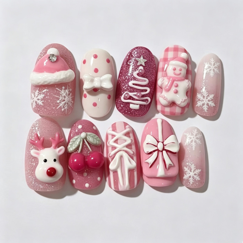 Cross-border Christmas-themed sweet pink 3D bowknot almond-shaped nail wraps, Instagram-style cookie cutter nail art, and pearl nail stickers