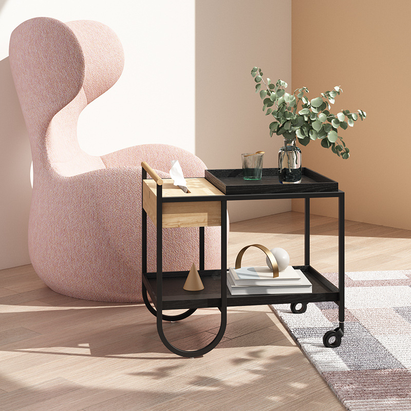现代简约家用黑色小推车北欧实木边几可移动角几置物餐边柜批发|ms