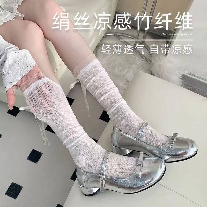 Korean Style Pile Socks, Sweet Summer Bow, Thin White, Matchinging Skirt, Ballet Style Cut Out Calf Socks for Women