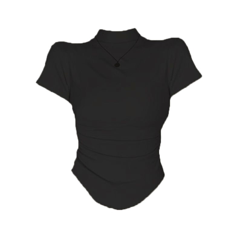 女性用ブラックボトムシャツ、ハーフタートルネック、ピュアコットン、タイトフィット半袖Tシャツ、ショートスリムフィット、夏のホットガールデザイン|undefined