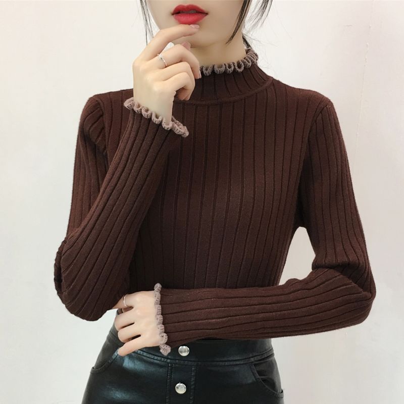 日本式のレースの半高襟のセーターの底のシャツの女性の秋冬の修身の中に白い上着を掛けます。