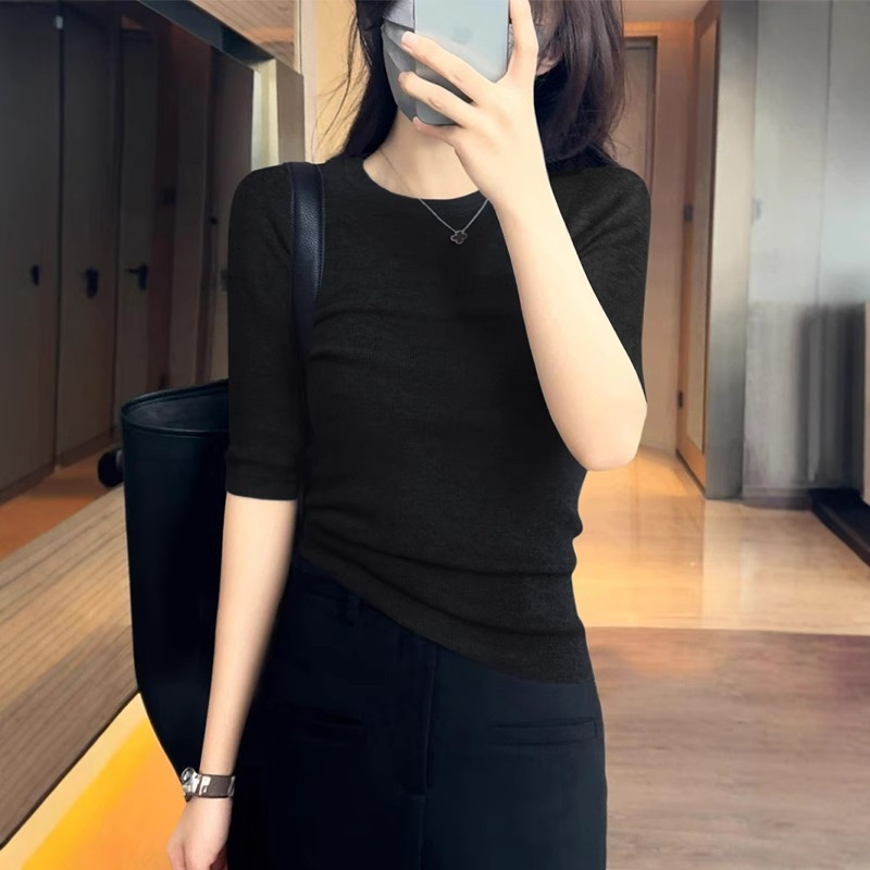 日常简约圆领短袖上衣女装夏季新款时尚修身五分袖气质针织打底衫|undefined