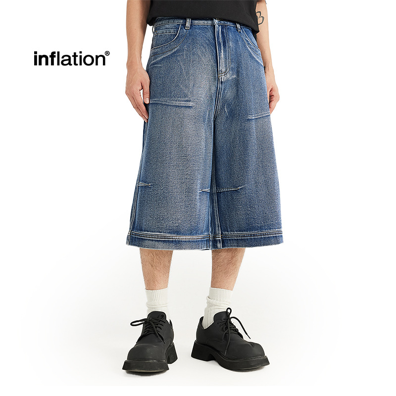 Jie Zhan Men's Clothing | Cross-Border Pleated Cropped Jeans 2026 Spring/Summer New Trendy Street Style Personality Straight Shorts