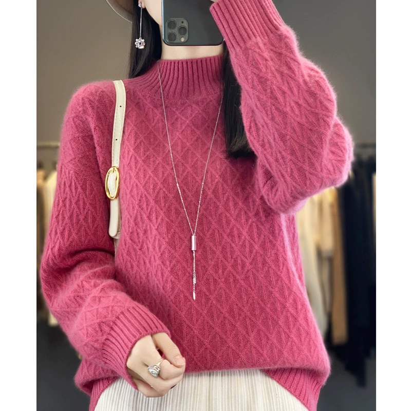 Демисезонный вязаный шерстяной свитер, оверсайз, повышенной плотности, высокий воротник