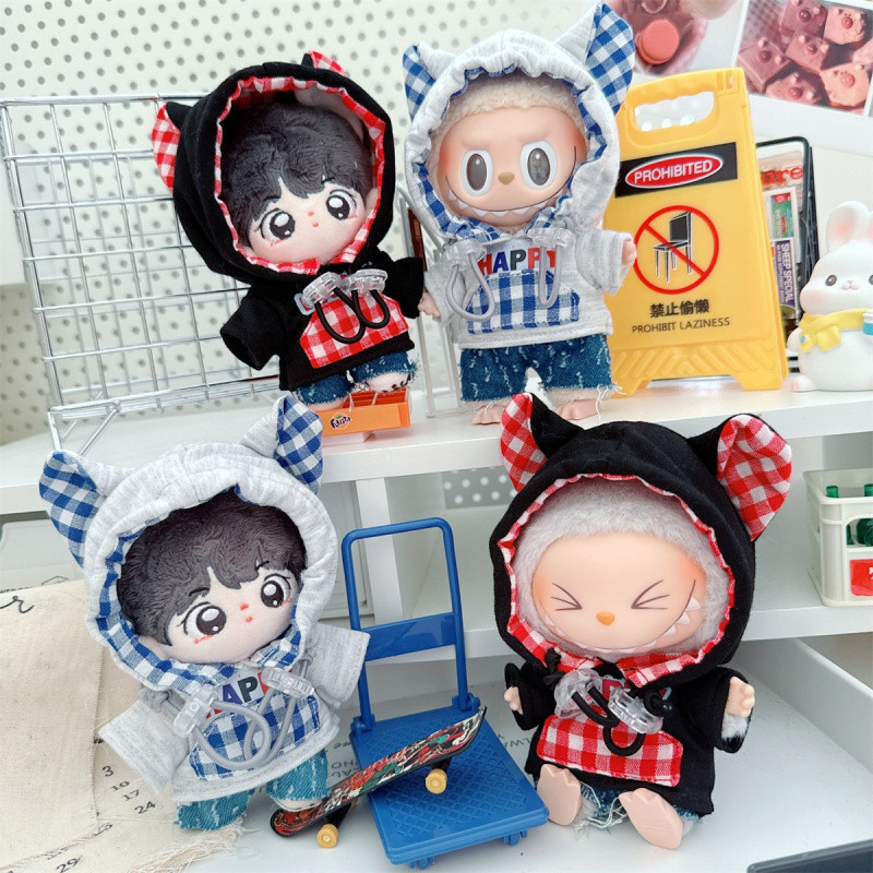 10cm Doll Clothes 15cm Cotton Doll First and Second Generation Labubu Youthful Cool Animal Ear Hoodie Outfit Change