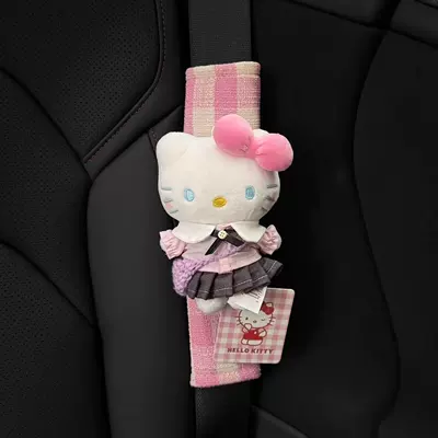 Sürətlər qutusu və əl tormozu başlıqları: Car Seat Belt Decoration - authentic-kt-shoulder-pads-pink-checkered-pink-knot-pink-student-set-with-purple-bag-single