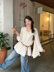 2025边v领抽绳长袖防晒衬衫女夏日出游穿搭法式气质收腰绝美上衣