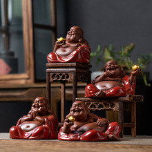 中式红色大肚弥勒佛笑佛客厅博古架办公室桌面装饰品陶瓷招财摆件