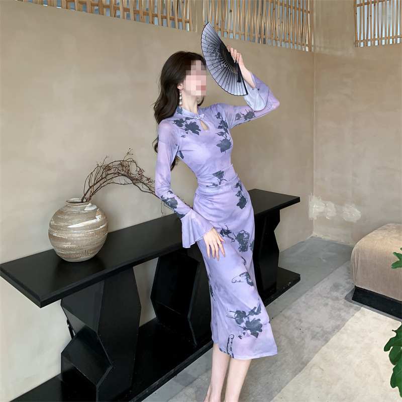 Dress for Women, Autumn New Chinese-Style Cheongsam, Purple Printed, Pure and Sexy, Flared Long Sleeves, Bodycon Skirt, National Style Long Dress