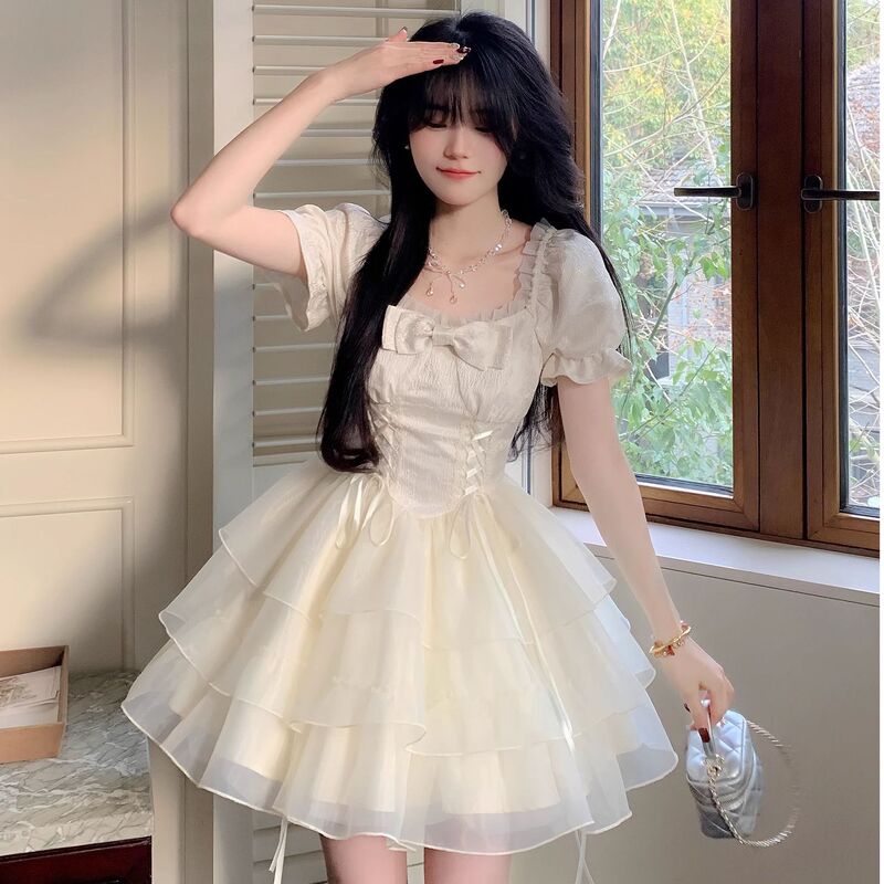 French Style Retro High-grade Square Collar Bow Puff Sleeve dress Summer Birthday Princess Sweet Puff Dress Women's Summer