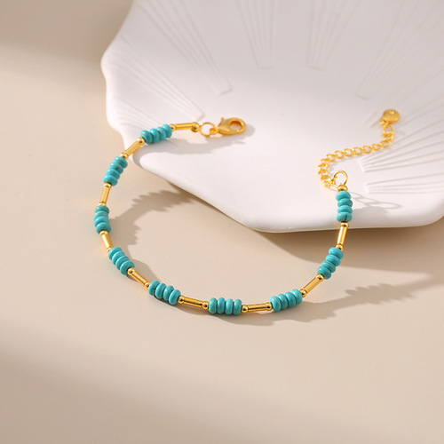 Summer New Luxury Niche Design Turquoise Handmade Bead Bracelet with Copper Tube Plated 18K Gold Elegance Necklace