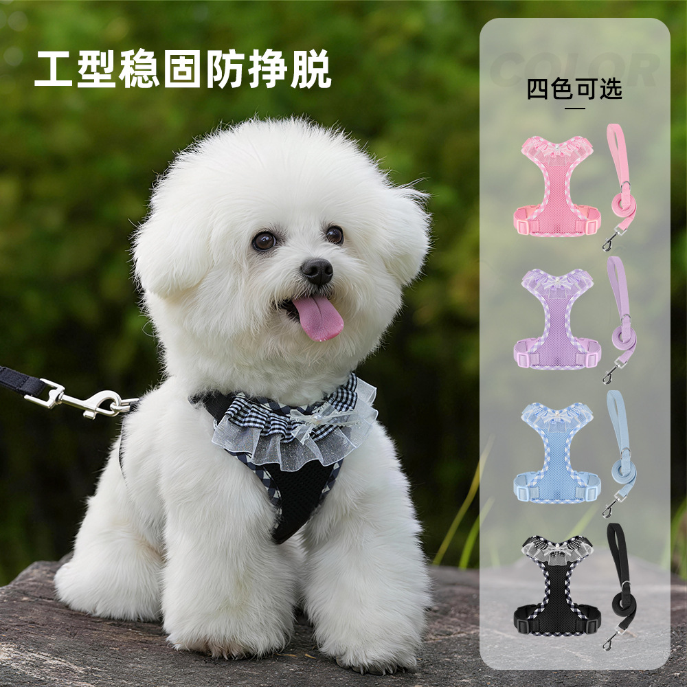 Nuevo tipo de mascota fuera de la cuerda de tracción de encaje arco chaleco tipo perro pecho trasero respirado anti-asfixia cuerda de tracción de perro