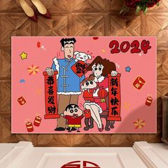 紅色入戶門地墊水晶絨進門地毯喜慶腳墊子玄關蠟筆小新全家福地毯