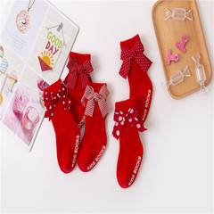 新款寶寶紅色襪子公主蝴蝶結襪子嬰幼兒寶寶防滑中筒襪