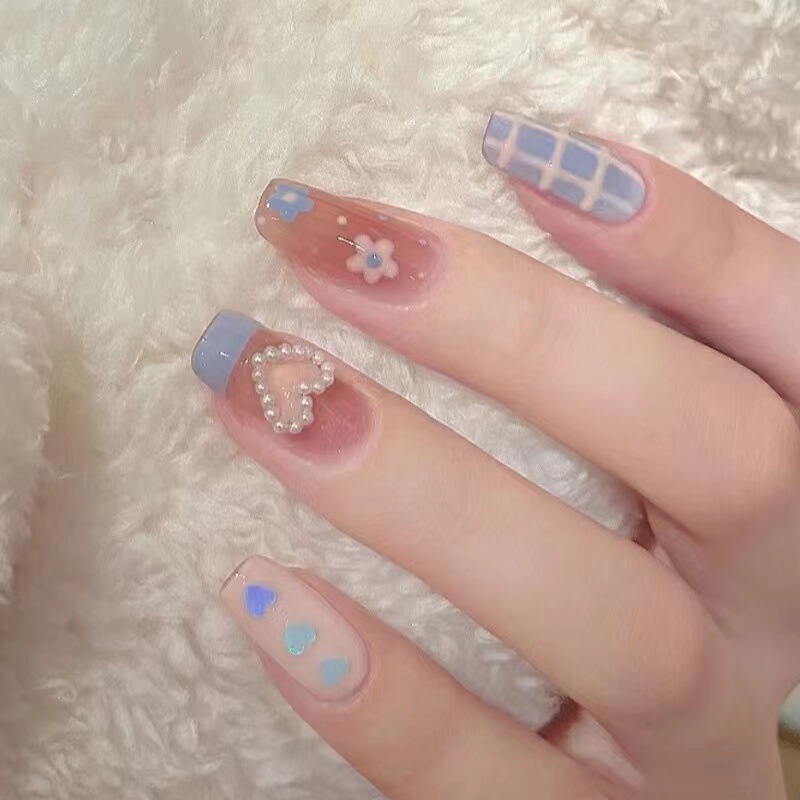 Blue Plaid Ballet Armor False Nail Sticker Pearl Love Bow French Nail Art Removable Manicure Pieces