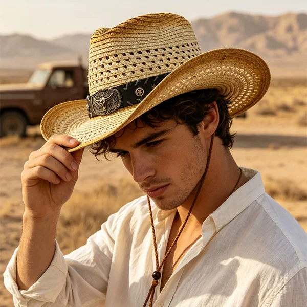 Cross-Border Western Cowboy Straw Hat, Hollow-Out Breathable European and American Jazz Hat, Outdoor Sun Protection Hat, Panama Beach Hat