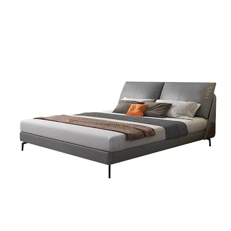 Cama de cuero genuino moderno simple dormitorio principal Cama grande italiano minimalista cama de boda doble de alta gama elegante luz de lujo cama suave cama de cuero