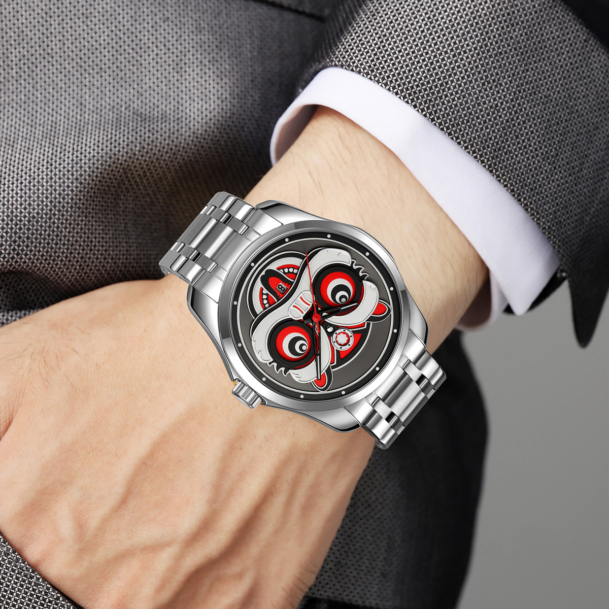 Momento despierto esfera de león reloj de cuarzo de tendencia nacional creativo reloj de pulsera correa de acero hombre reloj impermeable fuente al por mayor