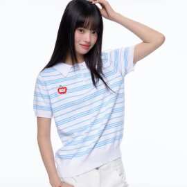 蓝白条纹衫短款正肩薄针织毛衫上衣短袖恤女图片色均码波浪