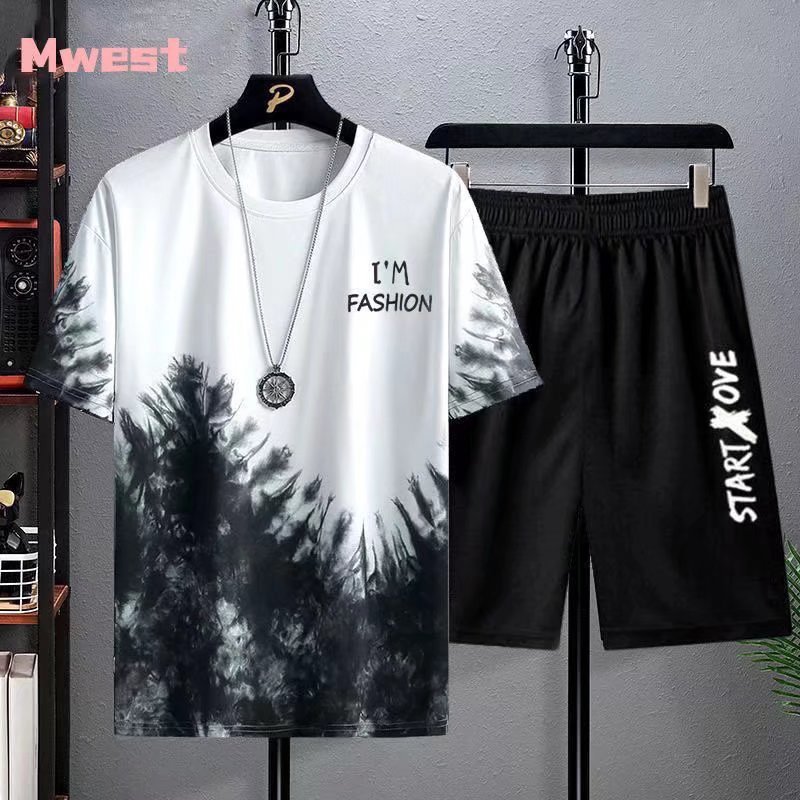 Camiseta de manga corta 2025 verano nueva versión coreana de la tendencia de la moda delgada degradada salpicaduras de tinta fina ropa superior para hombres