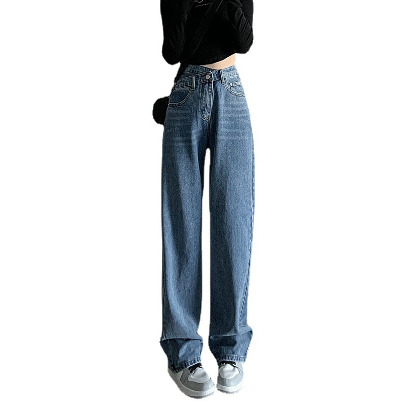 Blue wide leg jeans women's summer 2022 thin cross waist loose high waist straight tube mop design pants